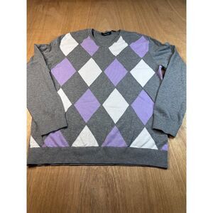Claiborne Men’s Argyle Sweater Gray Purple White V-Neck Cotton XL